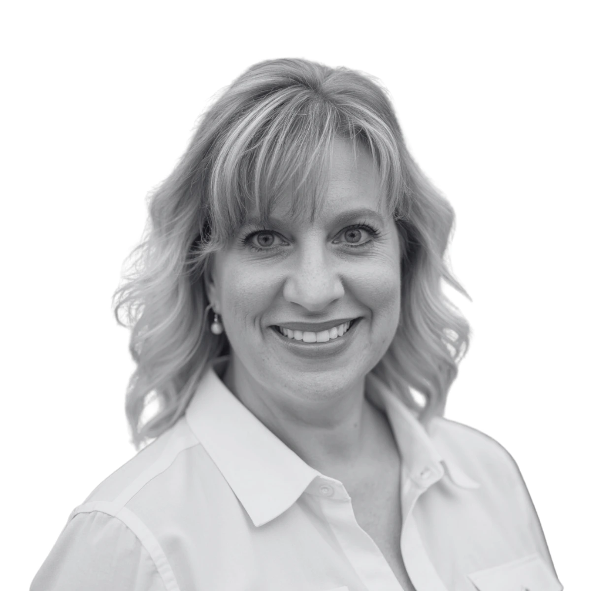 Smiling woman with long, dark hair against a light background. She's wearing a dark top, and the photo is in black and white, conveying a friendly tone.